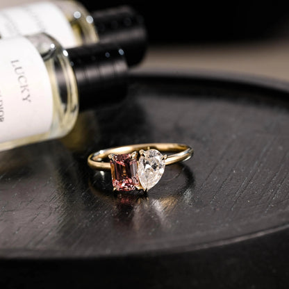 Solid Gold Toi et Moi Emerald Cut Pink Sapphire & Pear Cut Moissanite Engagement Ring