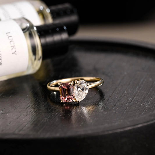 Solid Gold Toi et Moi Emerald Cut Pink Sapphire & Pear Cut Moissanite Engagement Ring