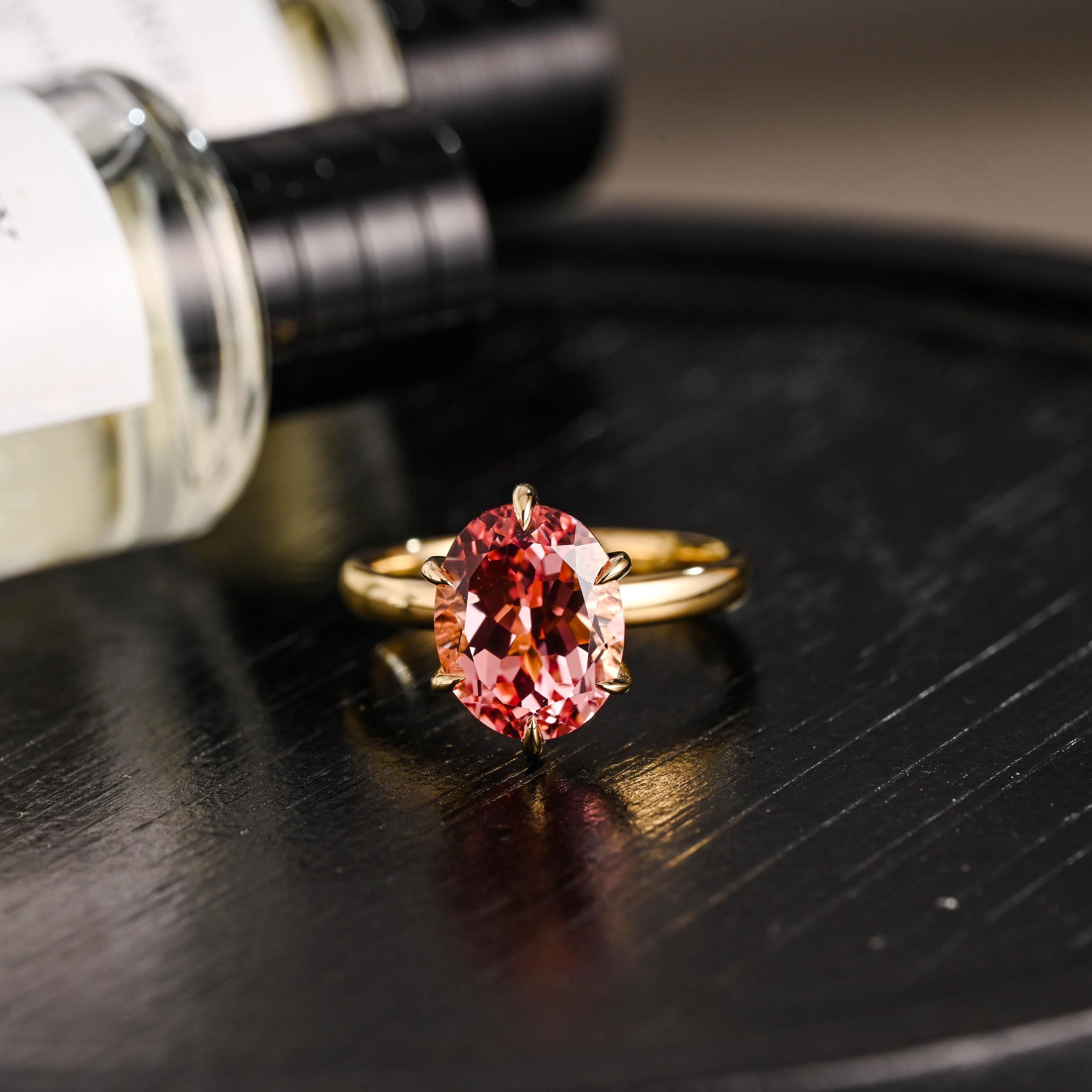 Solid Gold Oval Cut Lab Grown Pink Sapphire Engagement Ring, Nature Inspired Ring