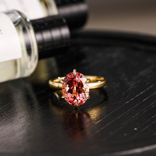 Solid Gold Oval Cut Lab Grown Pink Sapphire Engagement Ring, Nature Inspired Ring