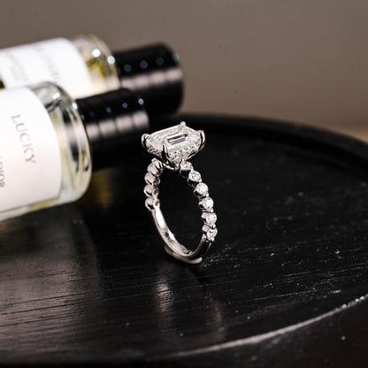 Solid Gold Half Eternity Emerald Cut Moissanite Engagement Ring, Proposal Ring, Round Promise Ring, Wedding Ring, Anniversary Gift for Women
