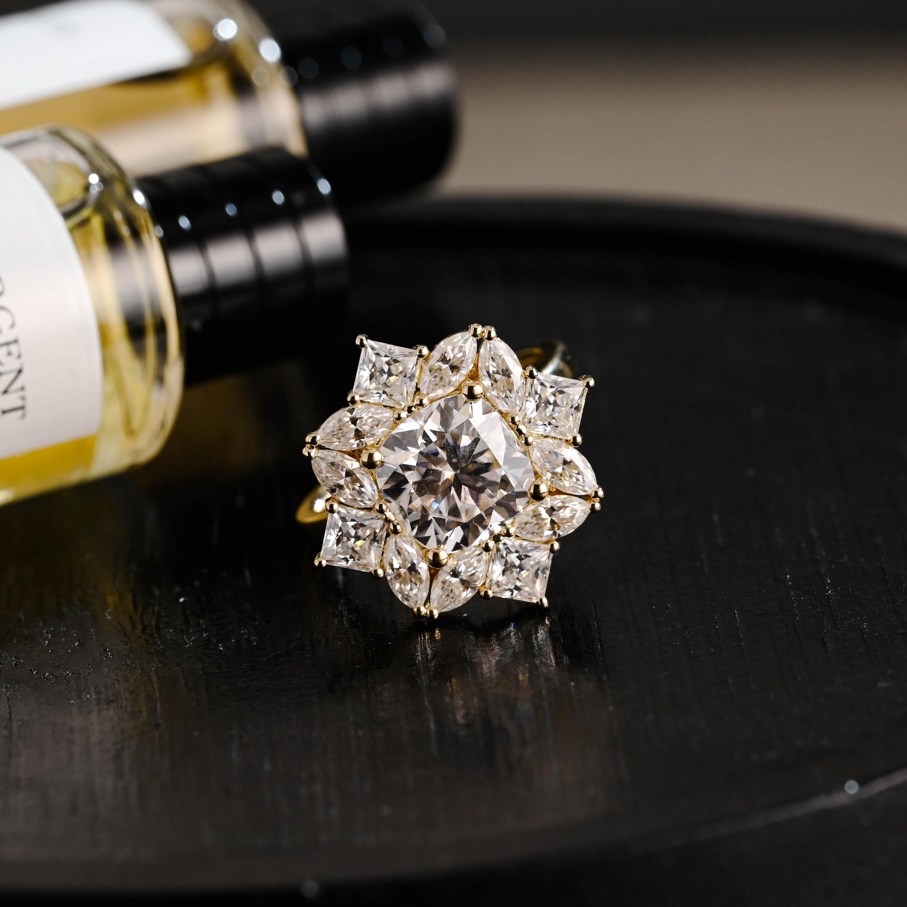Solid Gold Cushion Cut Moissanite Engagement Ring, Halo Proposal Ring, Marquise Cut Promise Ring, Wedding Ring, Anniversary Gift for Women
