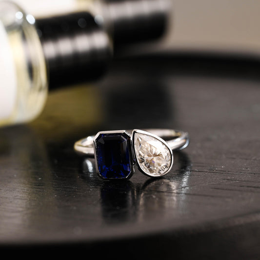 Bezel Solid Gold Emerald Cut Lab Grown Sapphire & Pear Cut Moissanite Toi et Moi Engagement Ring