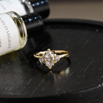 Solid Gold Marquise Moissanite Engagement Ring, Side Cluster Ring, Anniversary Gift