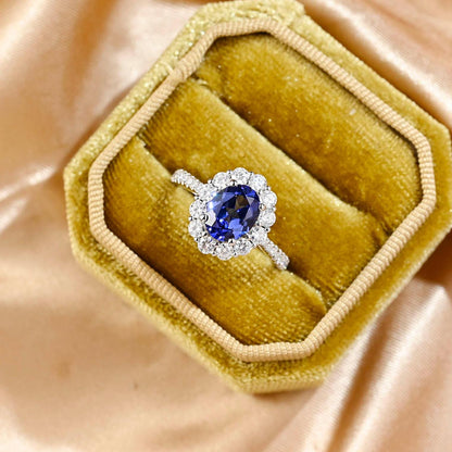 Solid Gold Oval Cut Lab Grown Sapphire Engagement Ring, Halo Wedding Ring