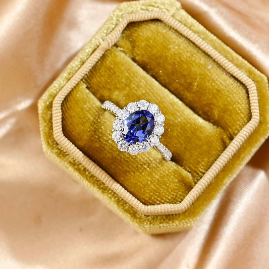 Solid Gold Oval Cut Lab Grown Sapphire Engagement Ring, Halo Wedding Ring