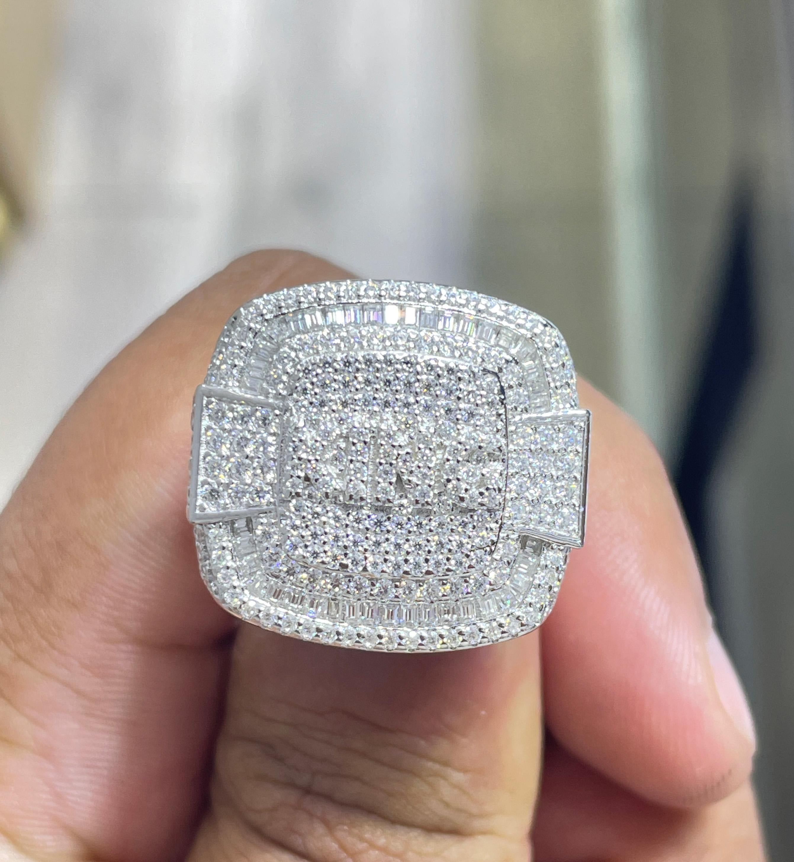 Iced Out Moissanite Square Pinky Ring: Solid Sterling Silver, 5.62 Carat Round Moissanite Ring