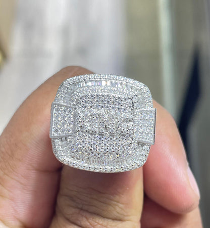 Iced Out Moissanite Square Pinky Ring: Solid Sterling Silver, 5.62 Carat Round Moissanite Ring