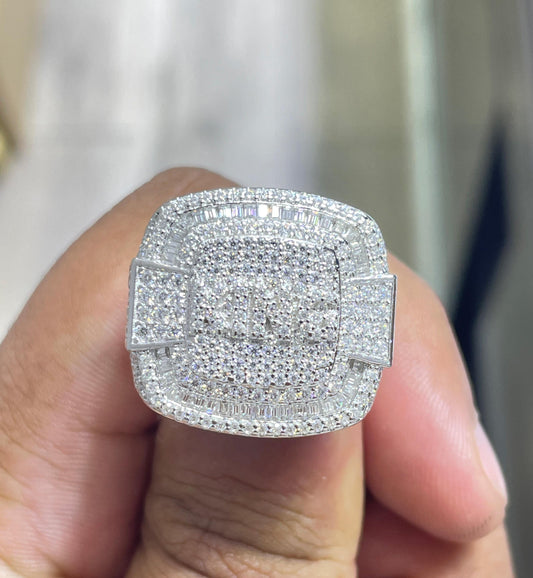 Iced Out Moissanite Square Pinky Ring: Solid Sterling Silver, 5.62 Carat Round Moissanite Ring