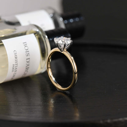 Solid Gold Two Tone Round Moissanite Engagement Ring, Solitaire Ring