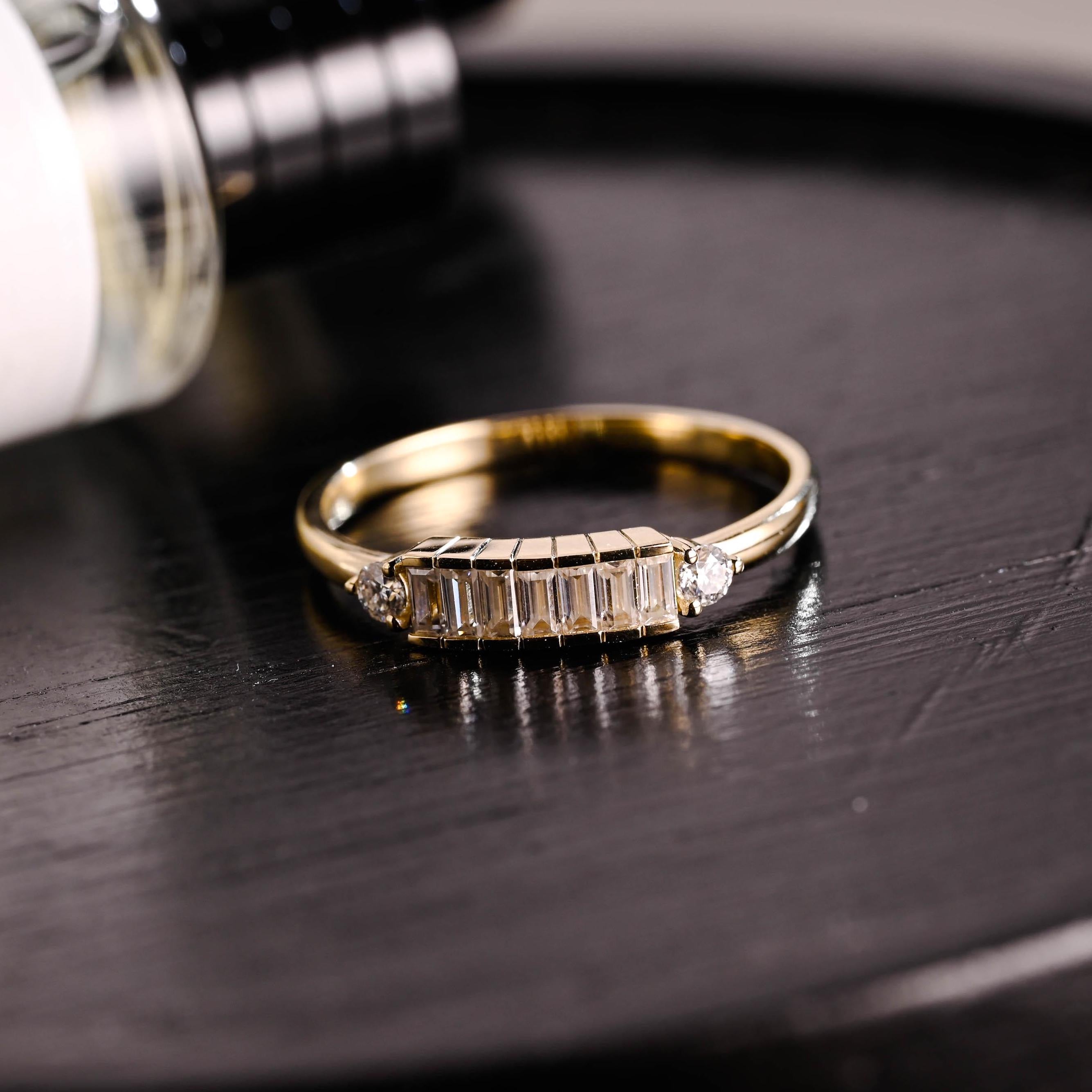 Solid Gold Baguette Moissanite Wedding Band, Half Eternity Ring
