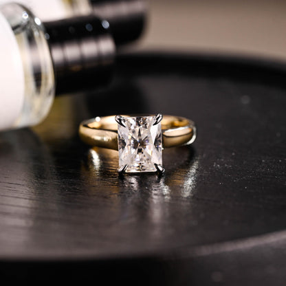 Solid Gold Cathedral Setting Radiant Cut Moissanite Engagement Ring, Hidden Halo Two Tone Ring