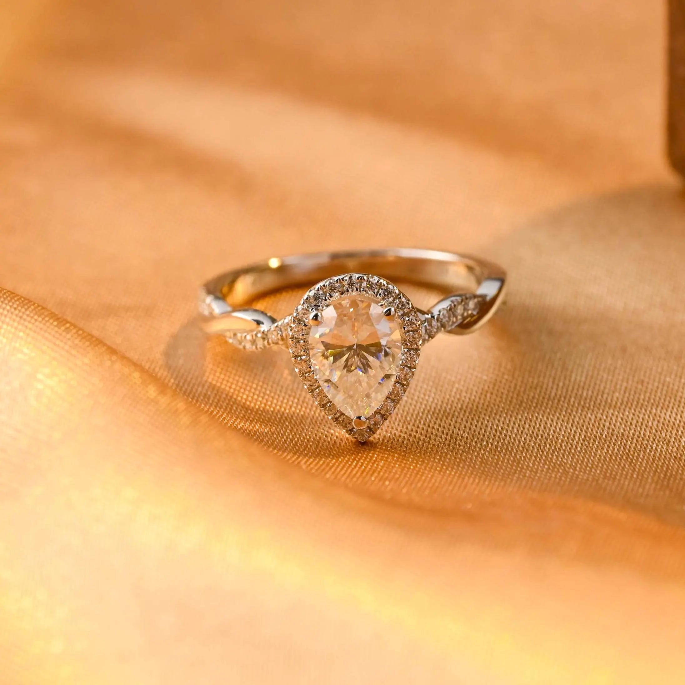 Twisted Band Pear Cut Moissanite Engagement Ring, Halo Pave Pear Moissanite Wedding Ring