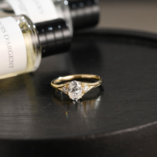 Solid Gold Three Stone Oval Moissanite Engagement Ring, Anniversary Gift Birthday Gift for Women