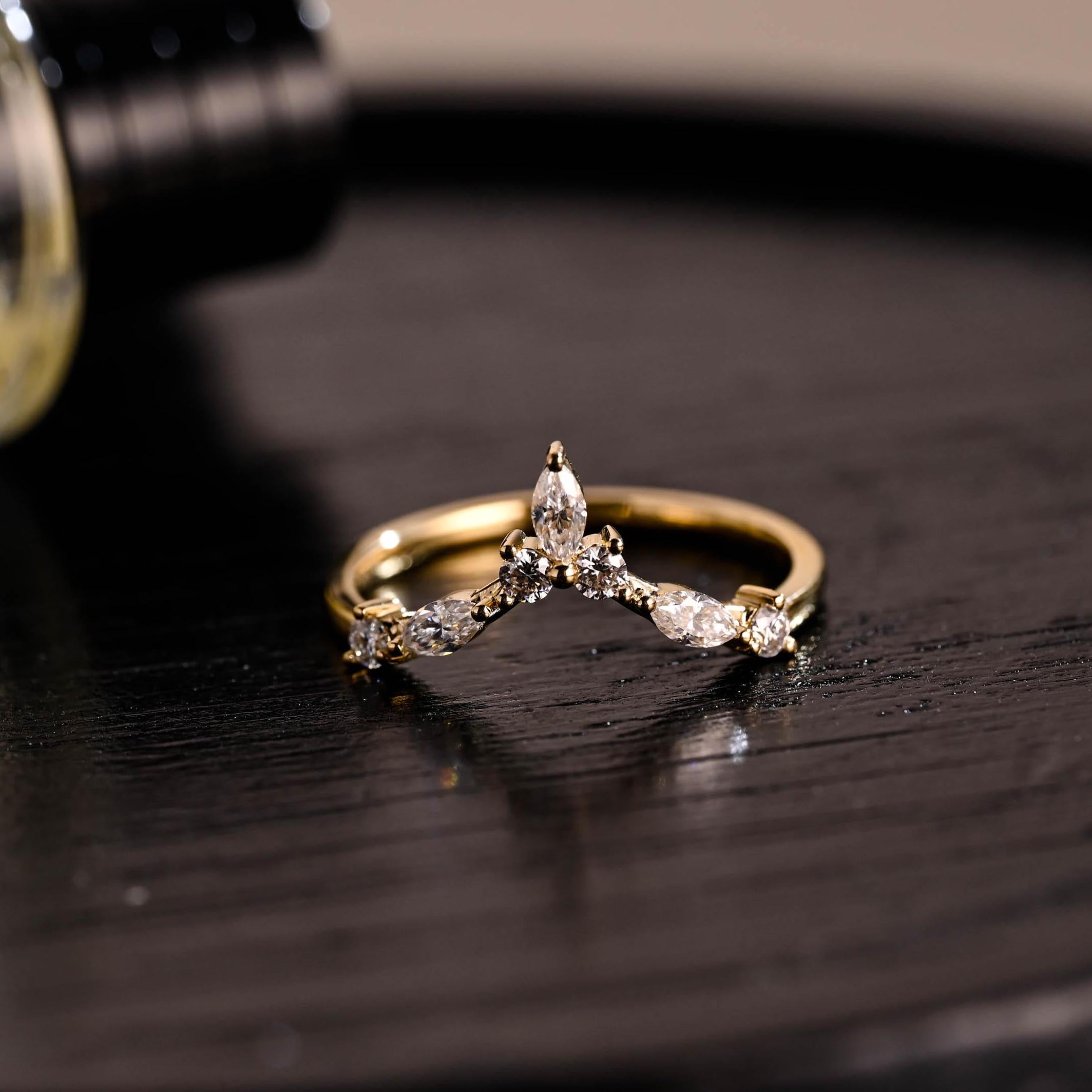 Solid Gold Moissanite Nest Wedding Band, Stackable Ring