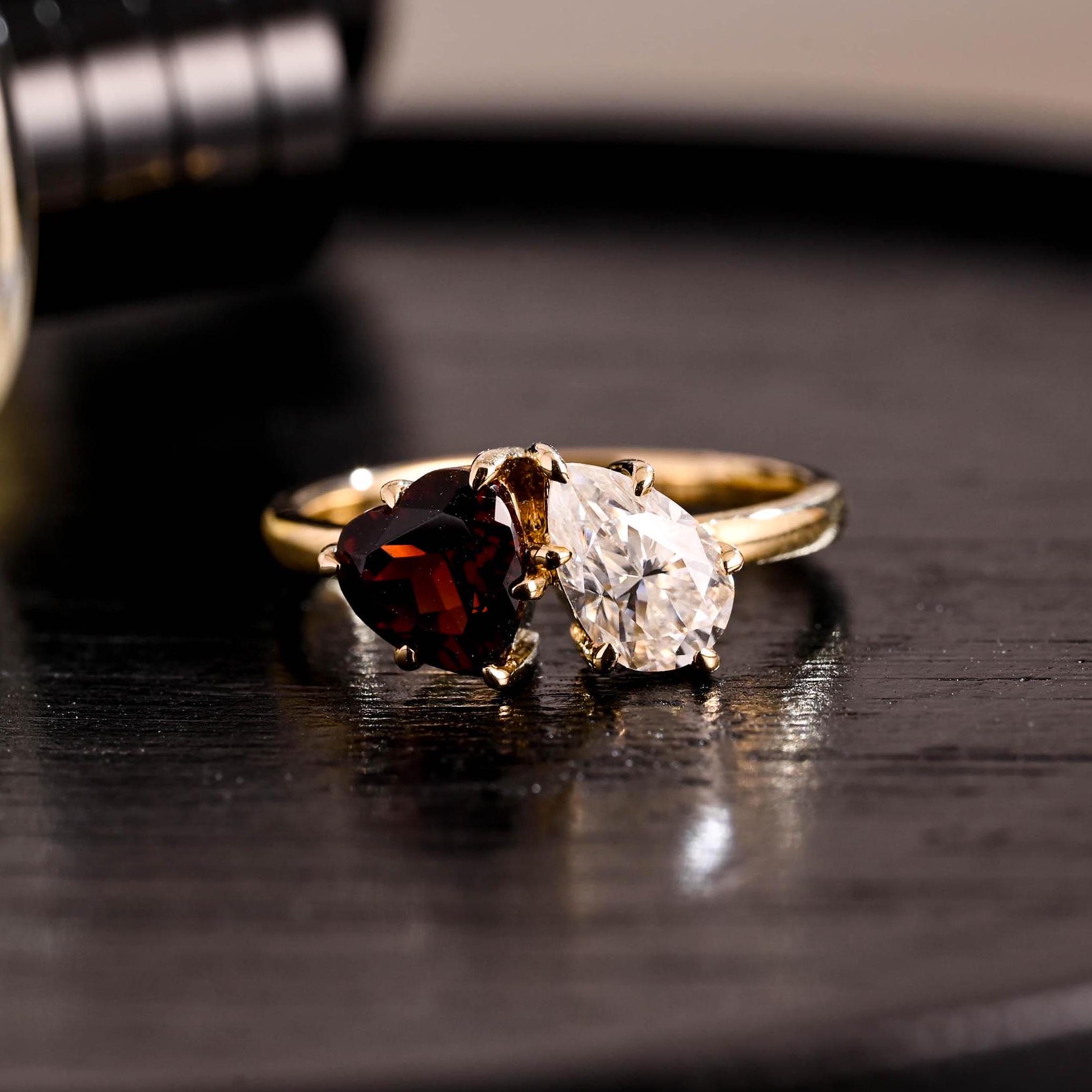 Toi et Moi Garnet Ring Pear Moissanite Engagement Ring, Solid Gold Heart Shaped Garnet Ring