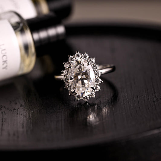 Solid Gold Starburst Oval Cut Moissanite Engagement Ring, Halo Wedding Ring