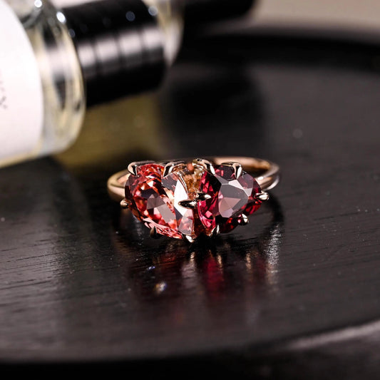 Toi et Moi Heart Garnet Ring Engagement Ring, Lab Pink Pear Sapphire Solid Gold Wedding Ring