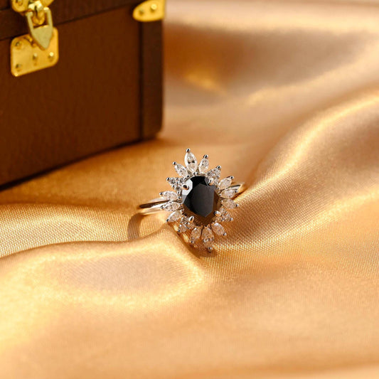 Solid Gold Oval Cut Black Moissanite Engagement Ring, Starburst Halo Ring