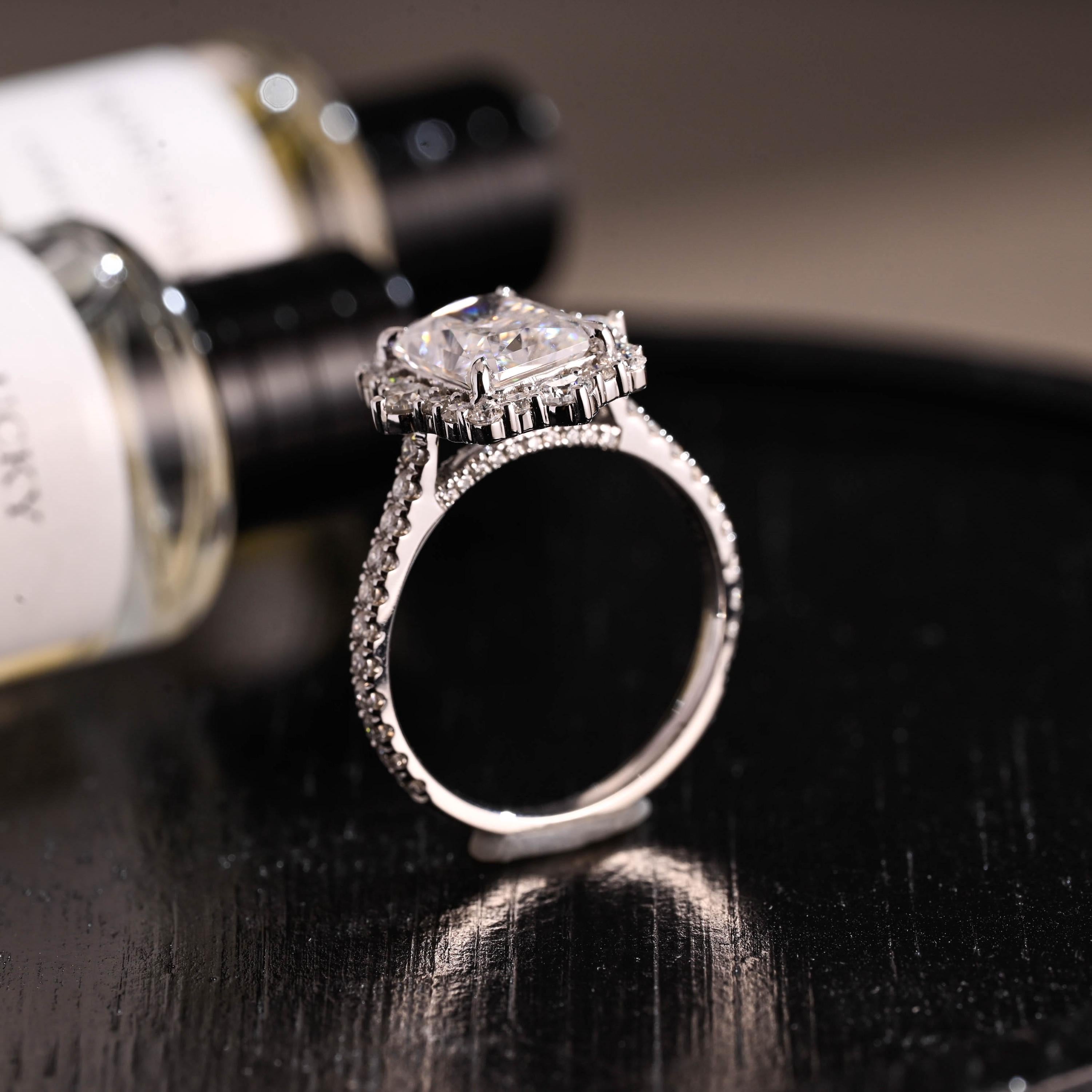Solid Gold Radiant Cut Moissanite Engagement Ring, Halo Pave Vintage Style Cathedral Setting