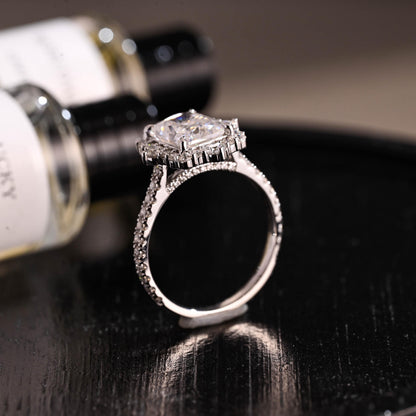 Solid Gold Radiant Cut Moissanite Engagement Ring, Halo Pave Vintage Style Cathedral Setting