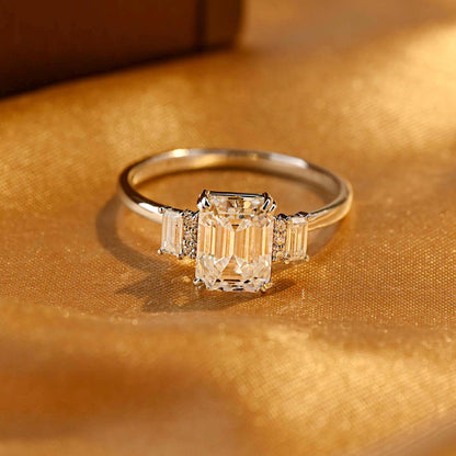 Three Stone Emerald Cut Moissanite Engagement Ring, Solid Gold Emerald Cut Moissanite Wedding Ring, Anniversary Ring, Moissanite Gifts