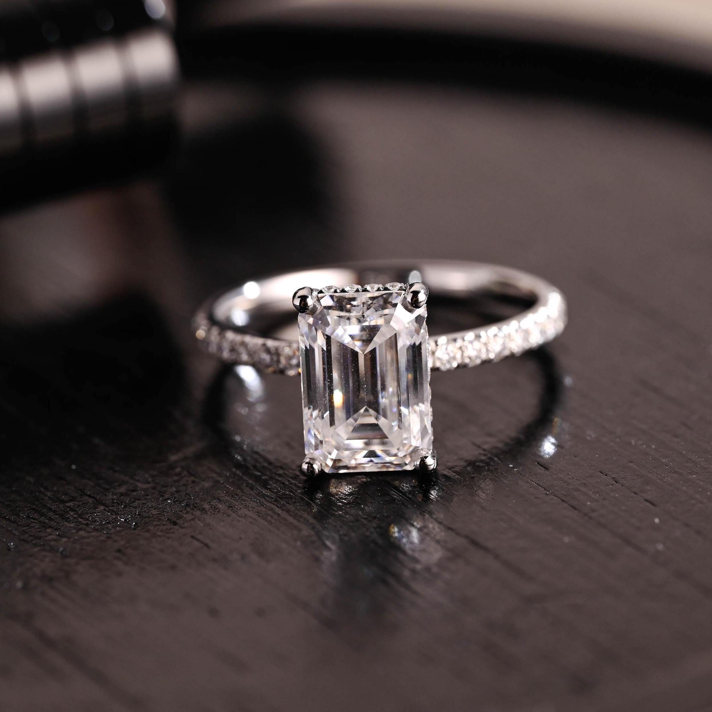 Prong Pave Emerald Cut Moissanite Engagement Ring, Solid Gold Hidden Halo Pave Emerald Cut Moissanite Wedding Ring, Anniversary Ring Gift