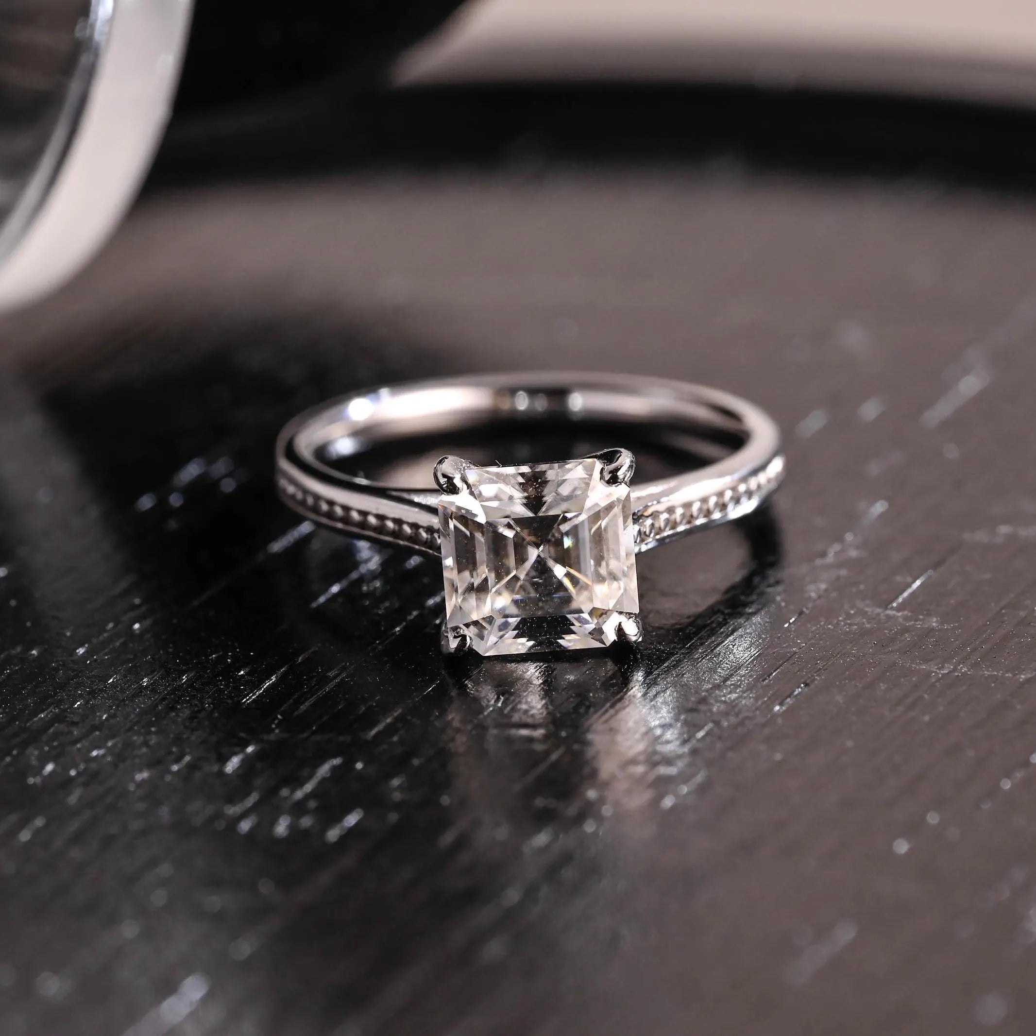 Solid Gold Faux Pave Asscher Moissanite Engagement Ring, Cathedral Set Ring