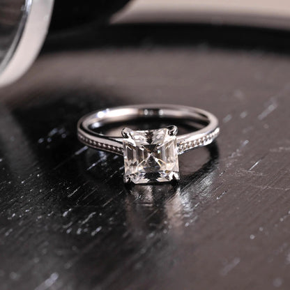 Solid Gold Faux Pave Asscher Moissanite Engagement Ring, Cathedral Set Ring