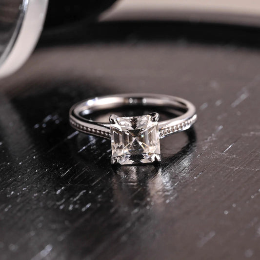 Solid Gold Faux Pave Asscher Moissanite Engagement Ring, Cathedral Set Ring