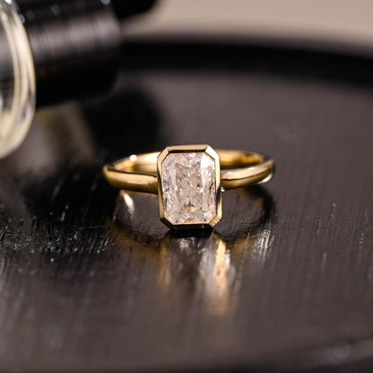 Solid Gold Bezel Crushed Ice Radiant Cut Moissanite Engagement Ring, Solitaire Cathedral Setting