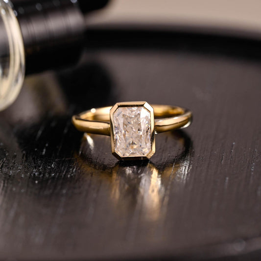 Solid Gold Bezel Crushed Ice Radiant Cut Moissanite Engagement Ring, Solitaire Cathedral Setting