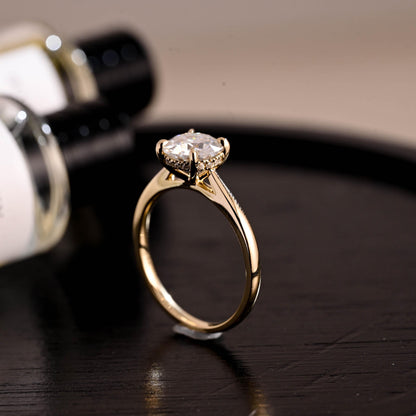 Hidden HaloCathedral Setting Round Cut Moissanite Engagement Ring, Solid Gold Classic 4 Prongs Anniversary Ring