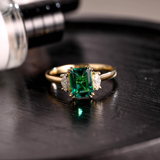 Lab Grown Emerald Engagement Ring, Three Stone Moissanite Wedding Ring, Anniversary Emerald Gemstone Ring, Moissanite Ring, Marquise Ring