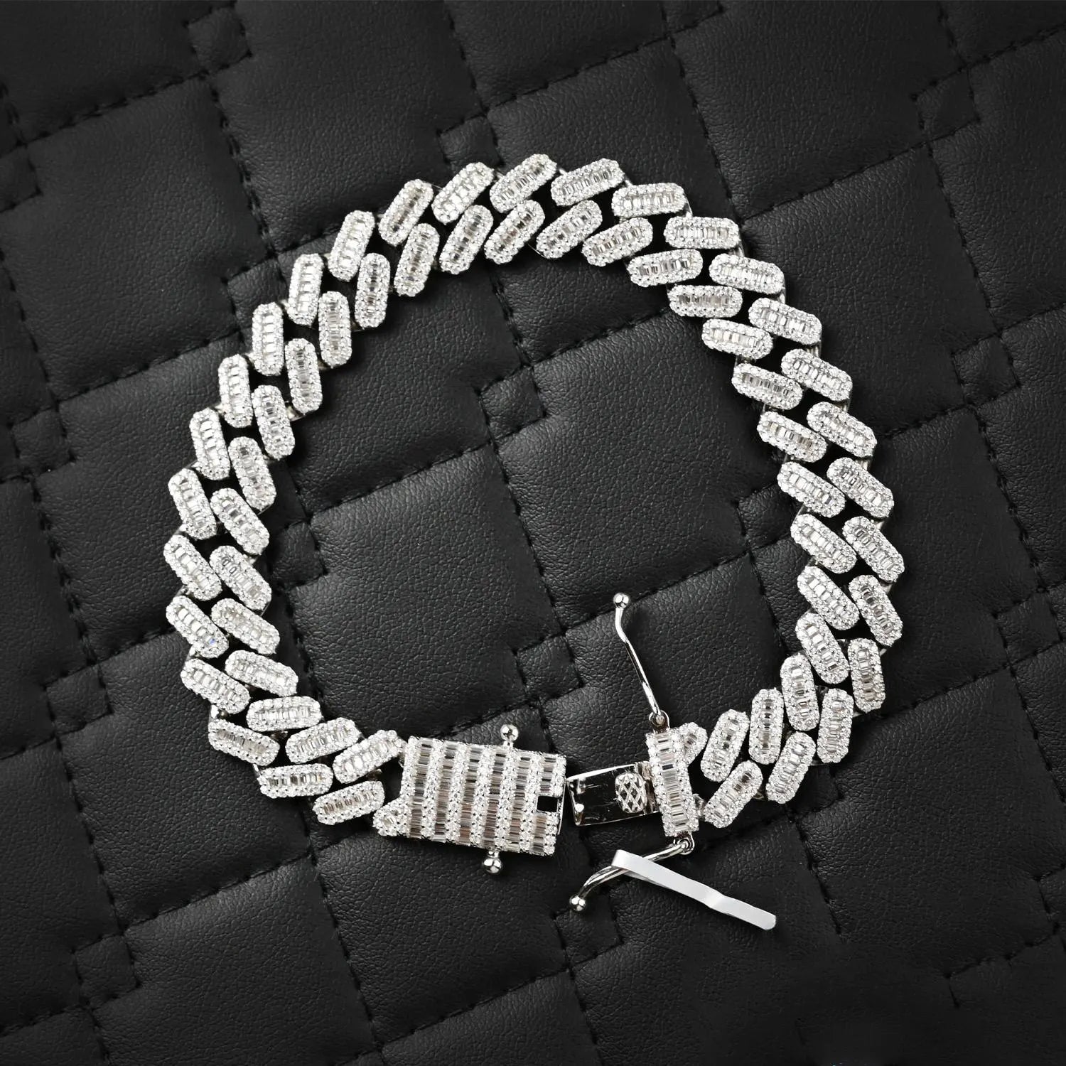 VVS Moissanite Cuban Link Bracelet Solid Sterling Silver 925 | Baguette Moissanites 17 Carats 12mm