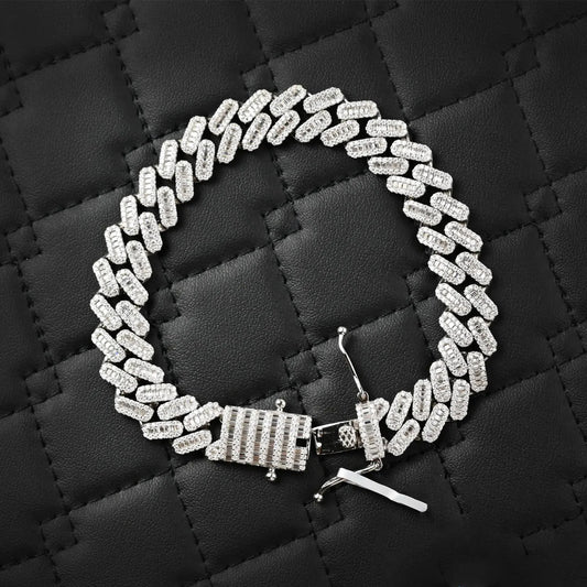 VVS Moissanite Cuban Link Bracelet Solid Sterling Silver 925 | Baguette Moissanites 17 Carats 12mm