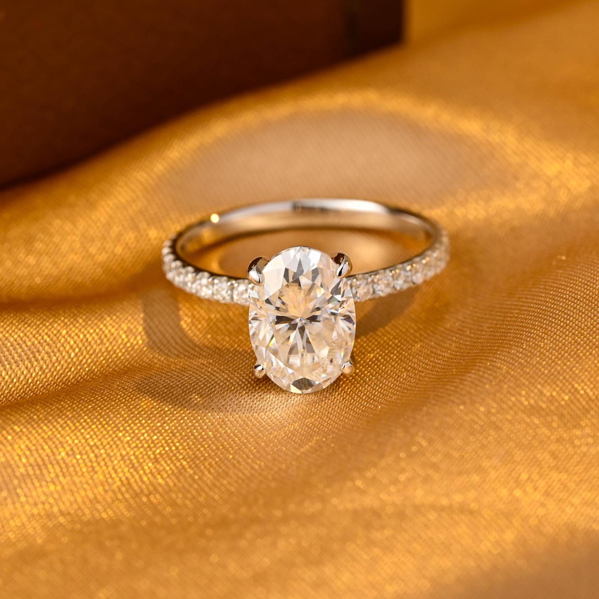 Solid Gold Oval Cut Moissanite Engagement Ring, Half Pave Wedding Ring