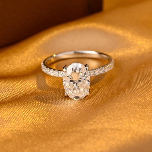 Solid Gold Oval Cut Moissanite Engagement Ring, Half Pave Wedding Ring