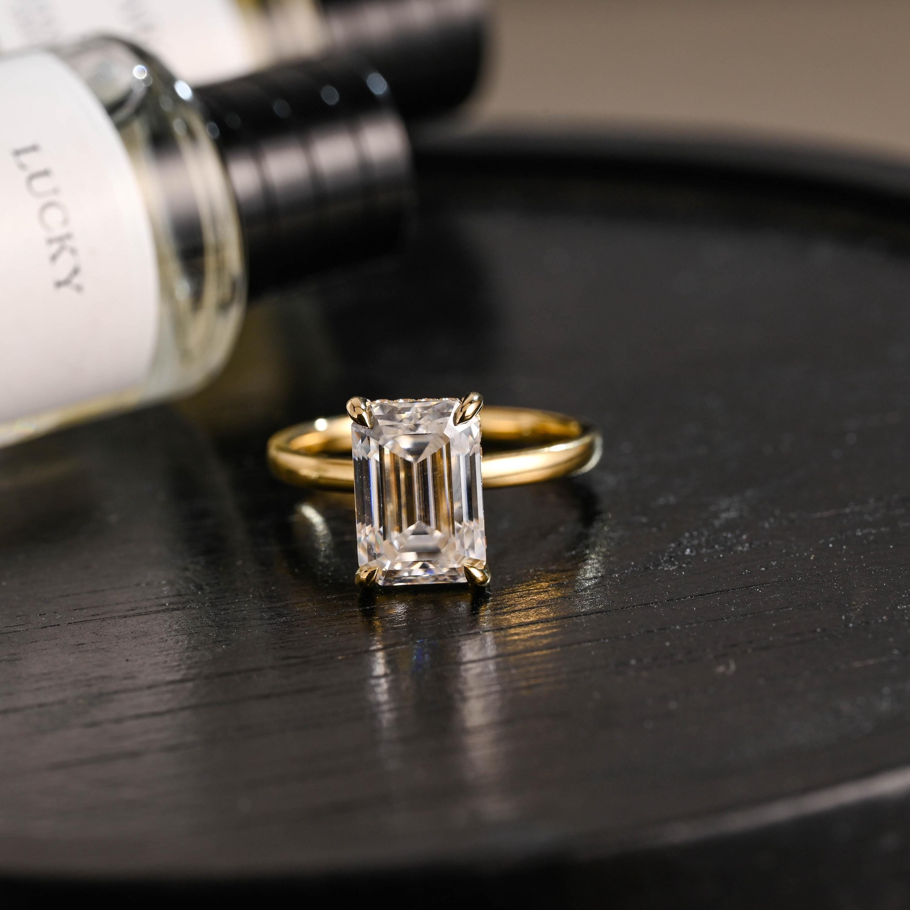 Solid Gold Hidden Halo Emerald Cut Moissanite Engagement Ring, Proposal Ring, Promise Ring, Wedding Ring, Anniversary Gift for Women Wife