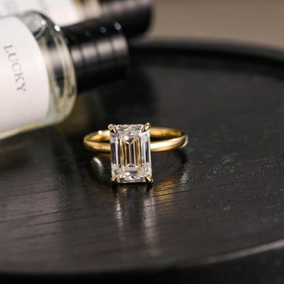 Solid Gold Hidden Halo Emerald Cut Moissanite Engagement Ring, Proposal Ring, Promise Ring, Wedding Ring, Anniversary Gift for Women Wife