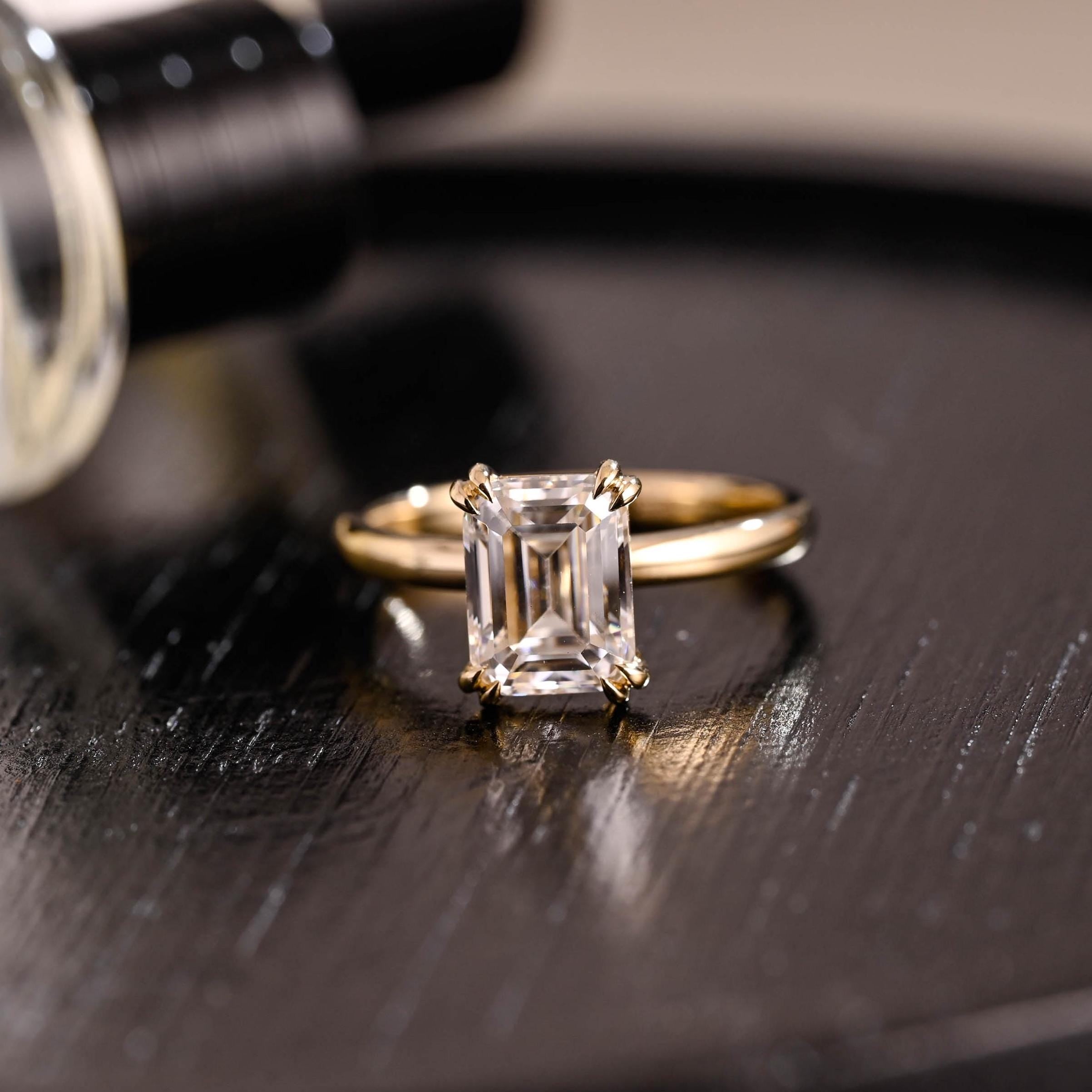 Solid Gold 8 Prongs Solitaire Emerald Cut Moissanite Engagement Ring, Anniversary Ring for Women