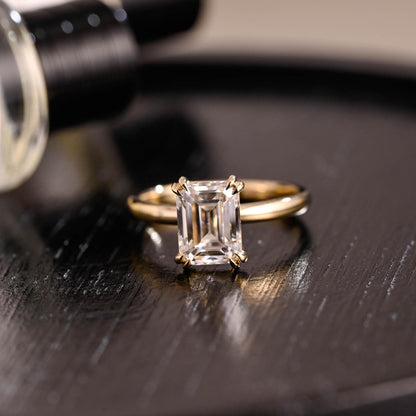 Solid Gold 8 Prongs Solitaire Emerald Cut Moissanite Engagement Ring, Anniversary Ring for Women