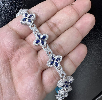 Iced Out Clover Bracelet | VVS Moissanite, Blue Sapphire, Sterling Silver