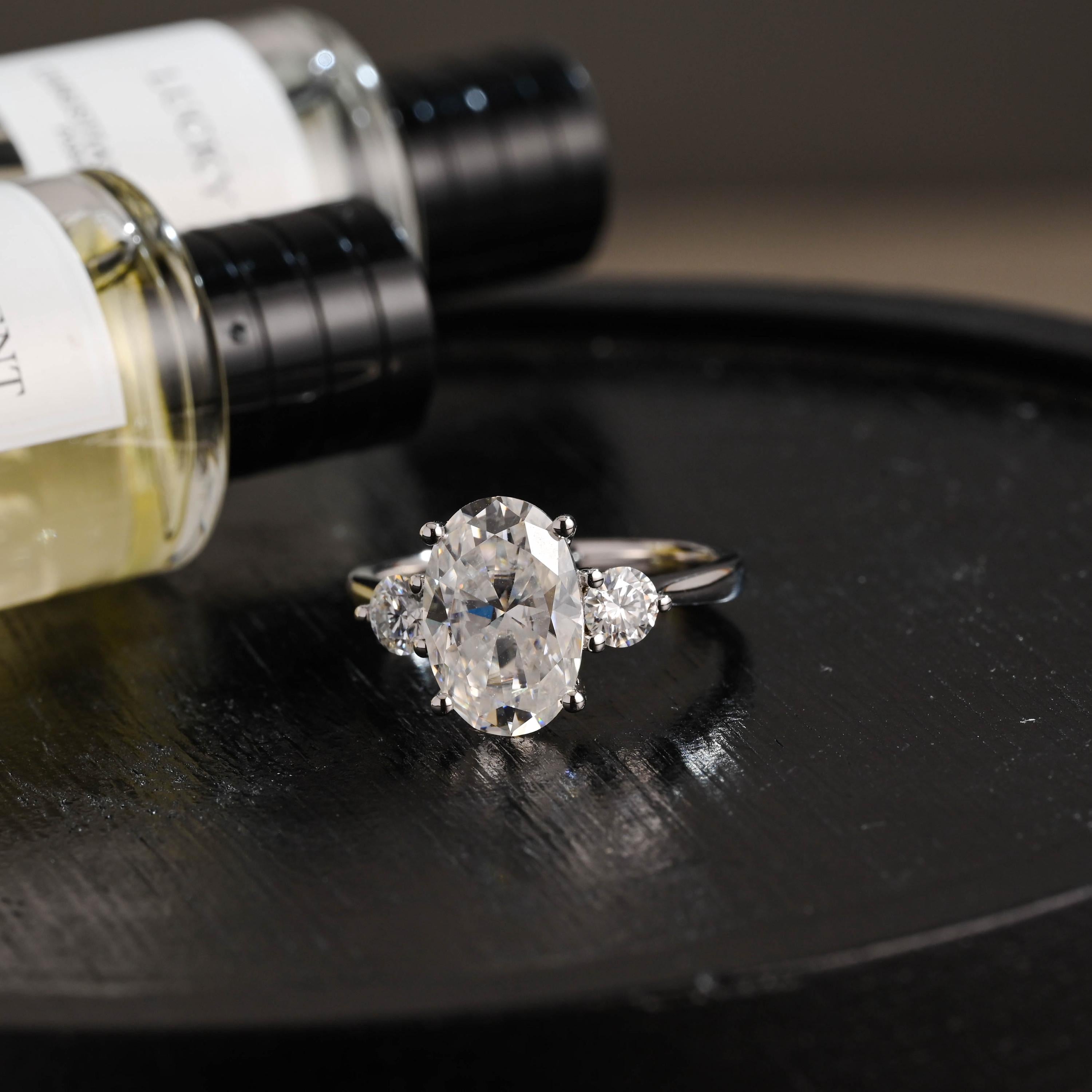 Solid Gold Three Stone Oval Moissanite Engagement Ring, Anniversary Gift Birthday Gift for Women
