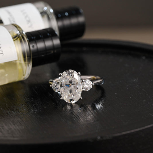 Solid Gold Three Stone Oval Moissanite Engagement Ring, Anniversary Gift Birthday Gift for Women