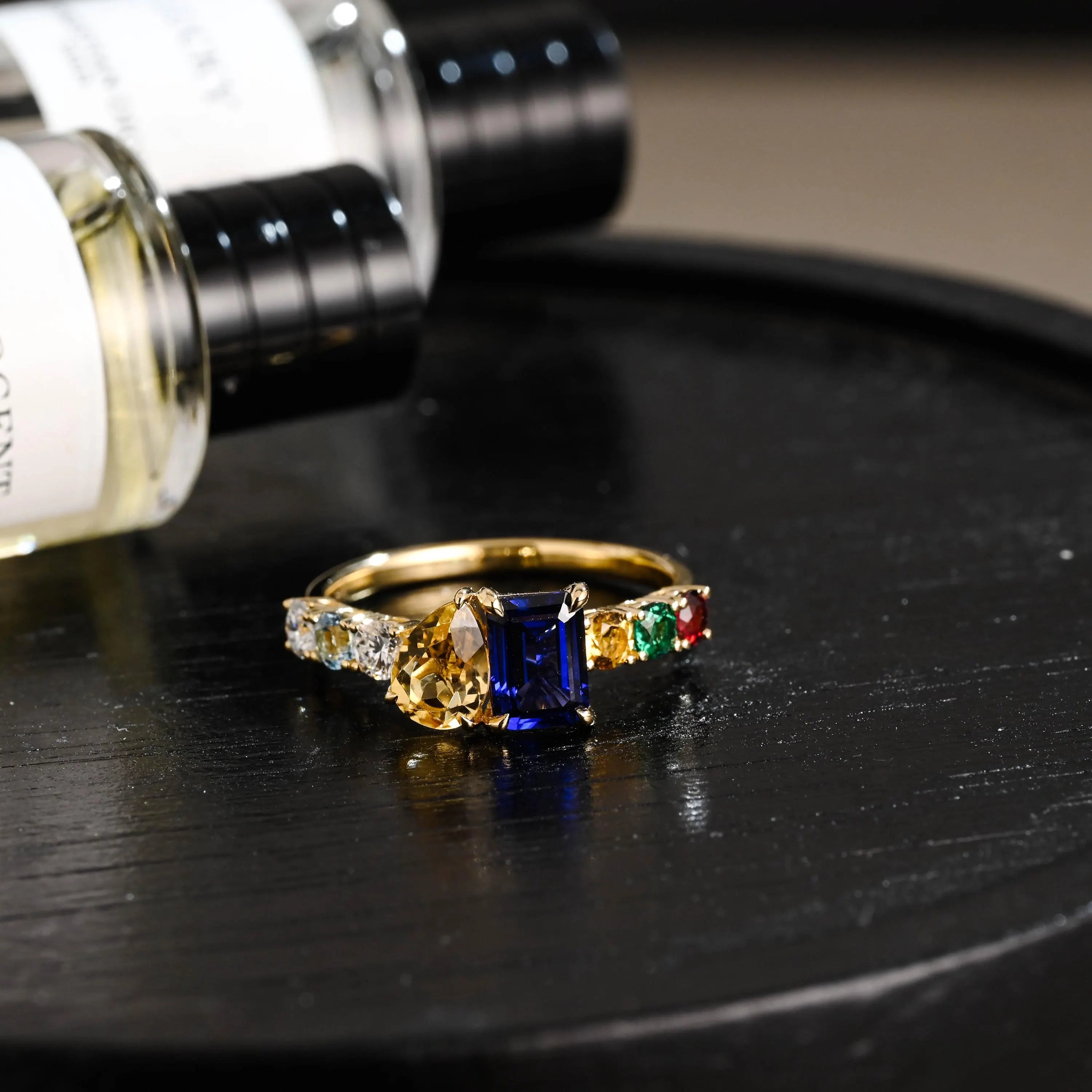 Solid Gold Toi et Moi Emerald Cut Lab Grown Sapphire & Pear Citrine Engagement Ring