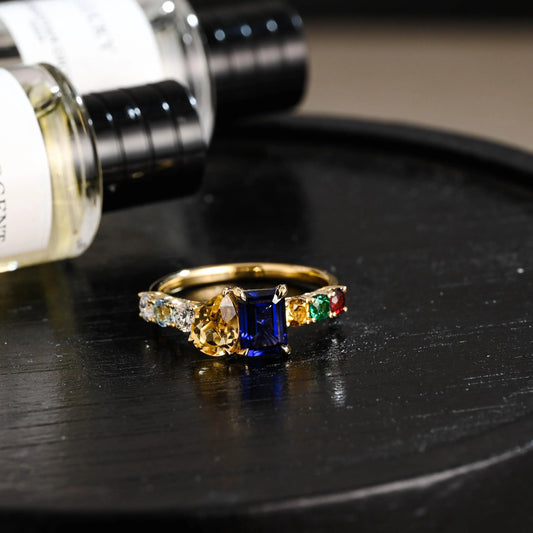 Solid Gold Toi et Moi Emerald Cut Lab Grown Sapphire & Pear Citrine Engagement Ring