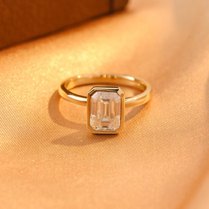 Solid Gold Solitaire Bezel Emerald Cut Moissanite Engagement Ring, Anniversary Ring for Women