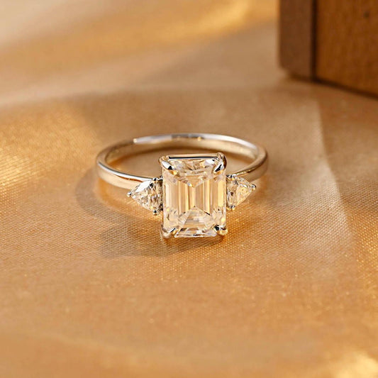 Three Stone Emerald Cut Moissanite Engagement Ring, Solid Gold Emerald Cut Moissanite Wedding Ring, Anniversary Ring, Moissanite Gifts