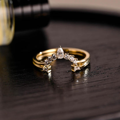Solid Gold Moissanite Nesting Wedding Band, Stackable Curved Ring